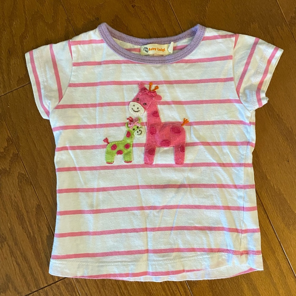 Baby Luigi striped tee with giraffe appliqué. 18M